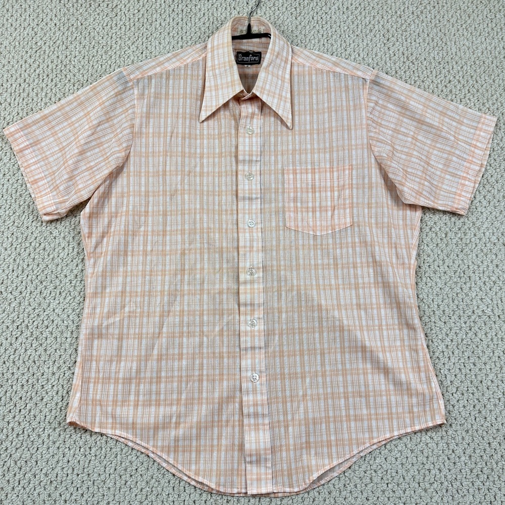 Vtg Branford Sheer Shirt Mens M Orange Plaid Butterfly Collar Disco Short Sleeve